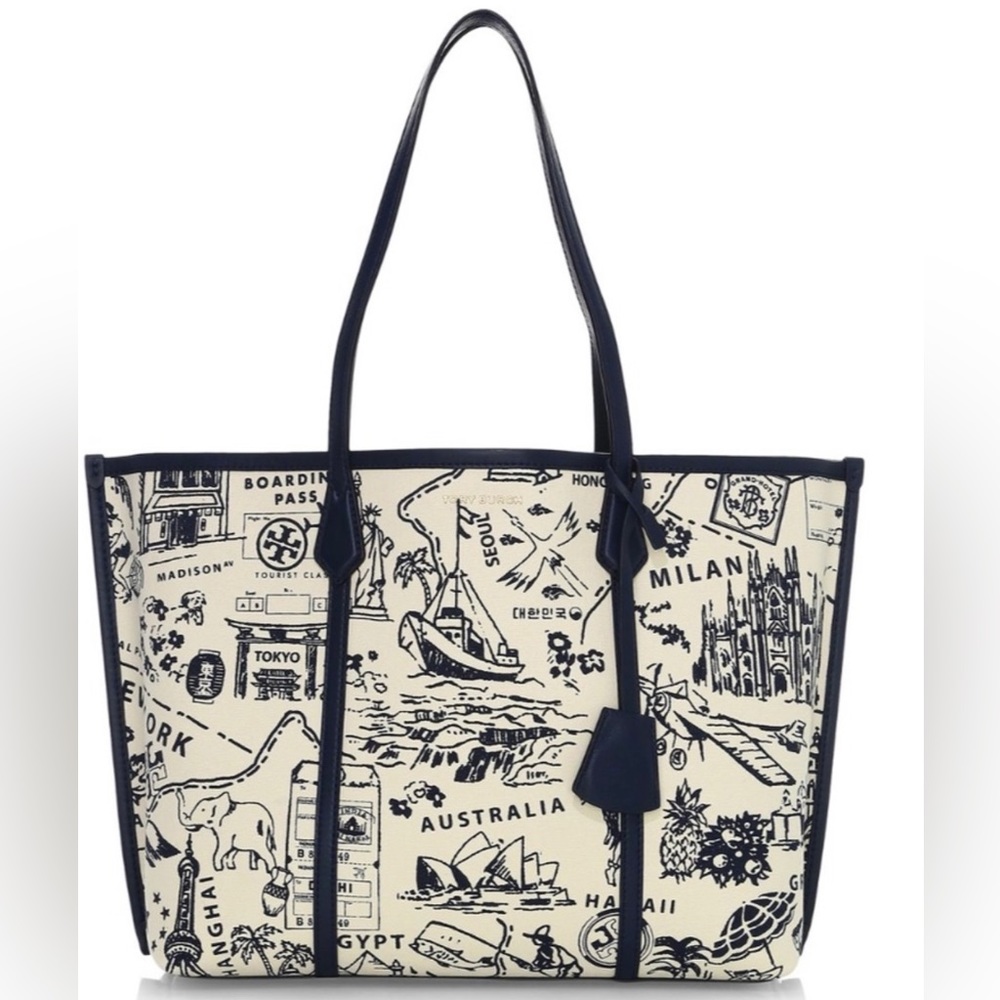 NWT Tory Burch Navy Printed Canvas Perry Destination Tote